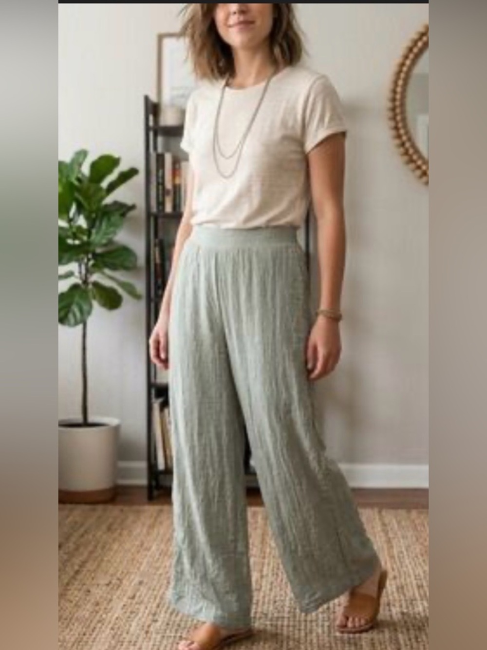 House of Harlow Lightweight Crinkle Wide-Leg Pull-On Pants Green Women's Size XS